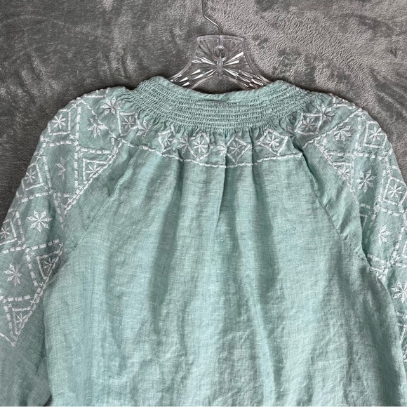 Joie Light Blue 100% Linen Embroidered Peasant Blouse Top Small Lagenlook Tassel - Picture 8 of 14